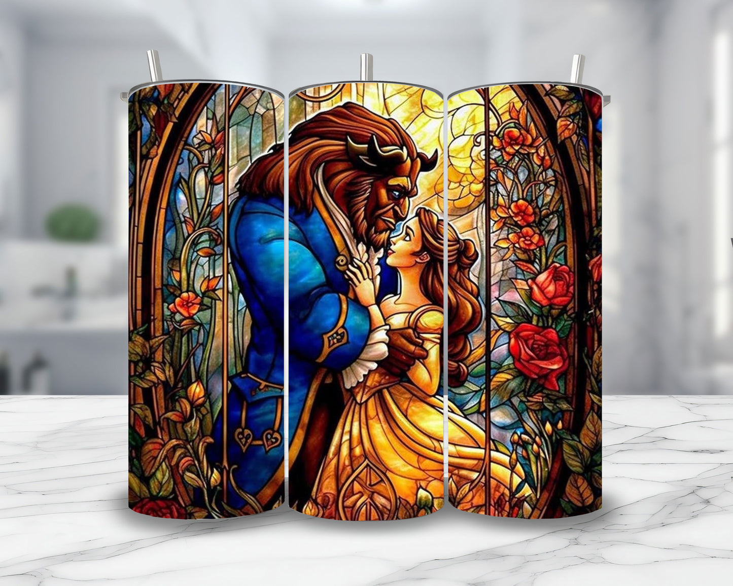 La Belle & la Bête - Thermos en acier inoxydable 600ml | Vitrail Thermos inoxydable Disney Shop | Anylem Beauty