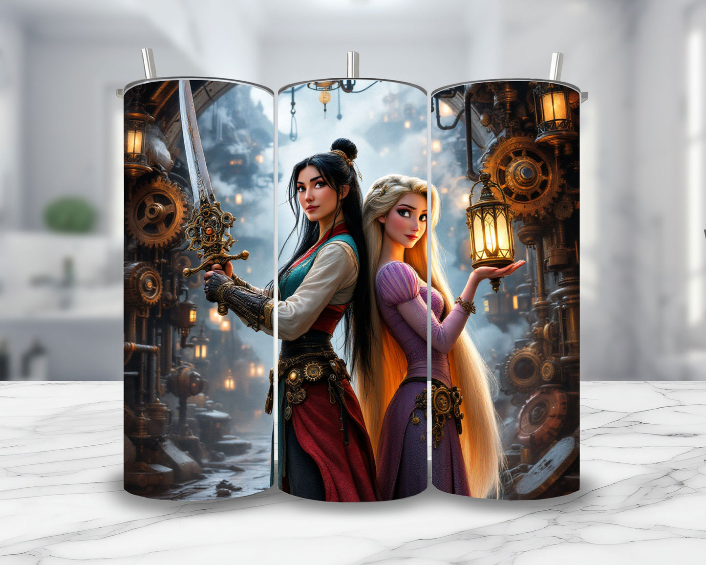 Mulan x Raiponce - Thermos en acier inoxydable 600ml | Steampunk Thermos inoxydable Disney Shop | Anylem Beauty 